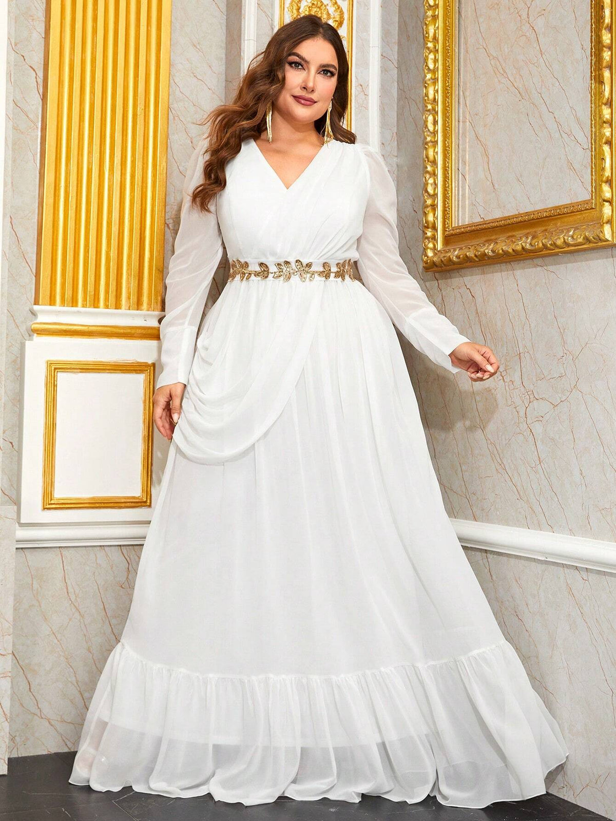 Giffniseti Plus Contrast Sequin Ruffle Hem Chiffon Formal Dress