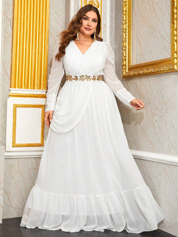 Giffniseti Plus Contrast Sequin Ruffle Hem Chiffon Formal Dress