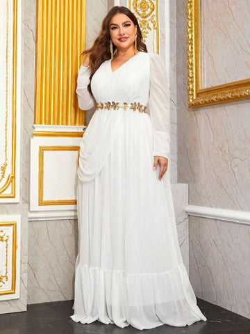 Giffniseti Plus Contrast Sequin Ruffle Hem Chiffon Formal Dress