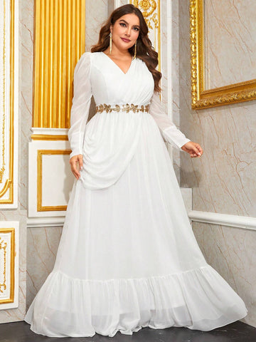 Giffniseti Plus Contrast Sequin Ruffle Hem Chiffon Formal Dress