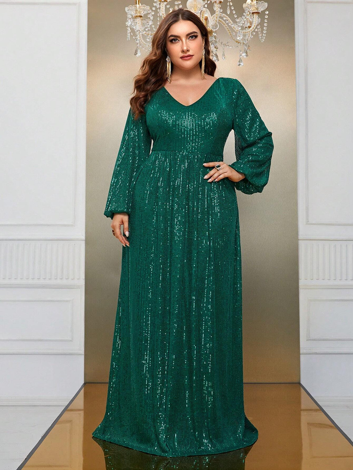 Giffniseti Plus Size Glitter Deep V-Neck Long Sleeve Dress