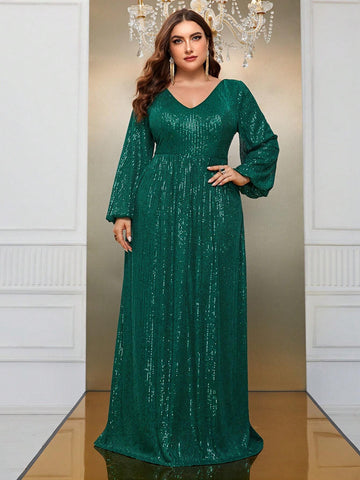 Giffniseti Plus Size Glitter Deep V-Neck Long Sleeve Dress