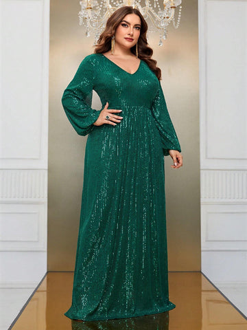 Giffniseti Plus Size Glitter Deep V-Neck Long Sleeve Dress
