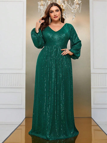 Giffniseti Plus Size Glitter Deep V-Neck Long Sleeve Dress
