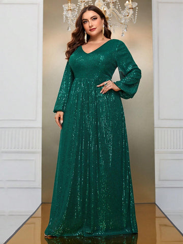 Giffniseti Plus Size Glitter Deep V-Neck Long Sleeve Dress