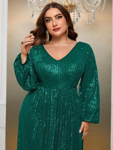 Giffniseti Plus Size Glitter Deep V-Neck Long Sleeve Dress