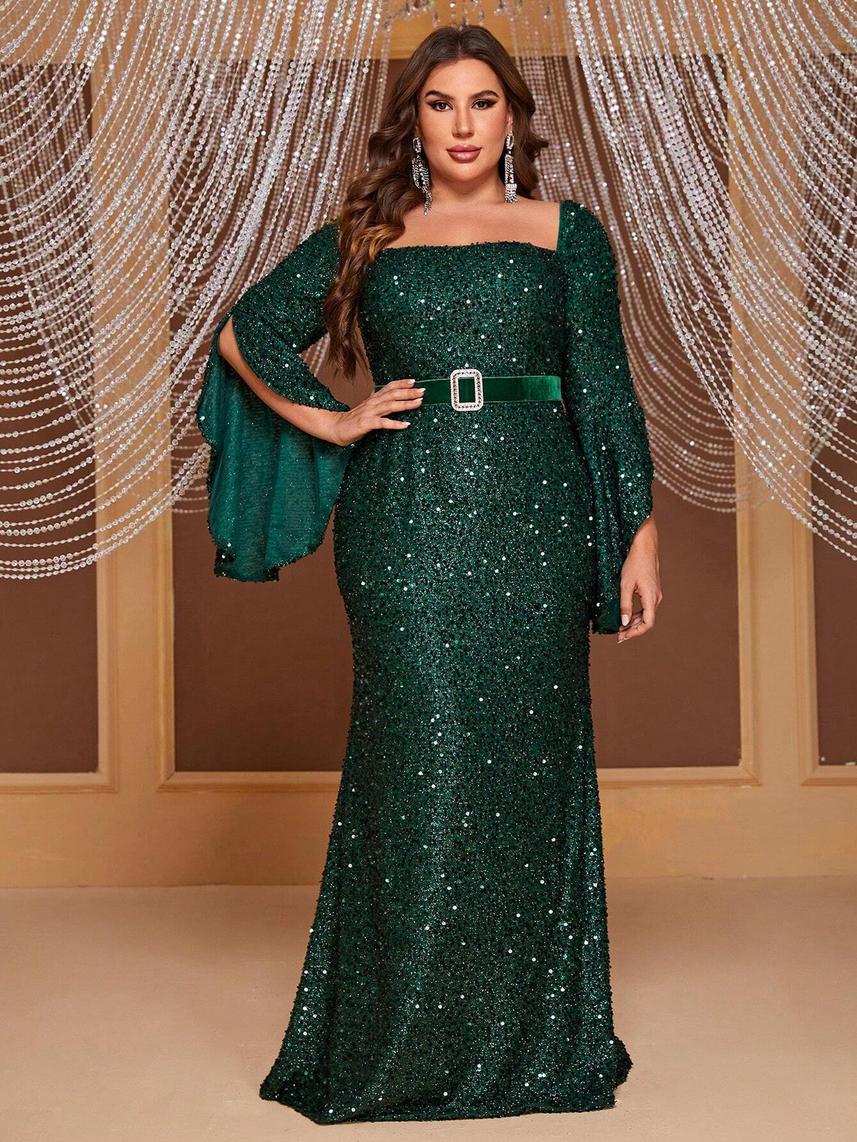 Giffniseti Plus Size Sequin Long Sleeve Square Neckline Dress (With Belt)