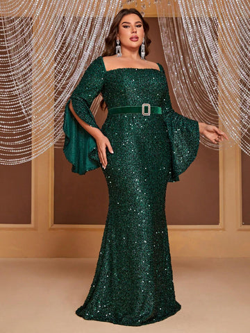 Giffniseti Plus Size Sequin Long Sleeve Square Neckline Dress (With Belt)