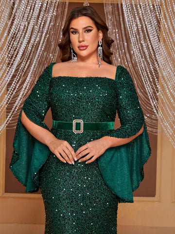 Giffniseti Plus Size Sequin Long Sleeve Square Neckline Dress (With Belt)
