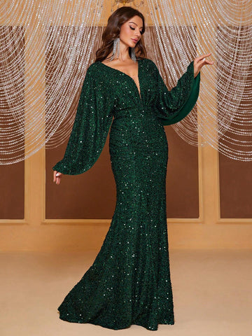 Giffniseti Plus Size Sequined Long Sleeve Evening Dress With Mermaid Tail