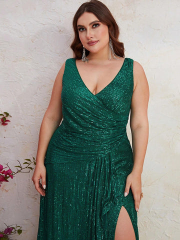 Giffniseti Plus Size Sleeveless Sequin V-Neck High Slit Wrap Evening Dress