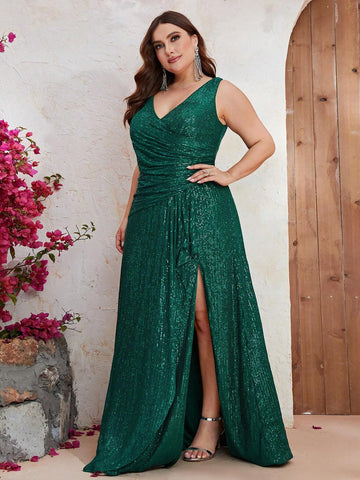 Giffniseti Plus Size Sleeveless Sequin V-Neck High Slit Wrap Evening Dress