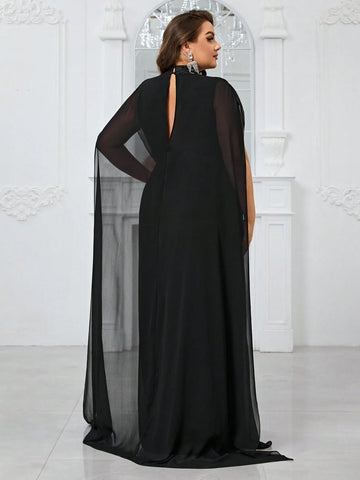 Giffniseti Plus Size Women'S Ruffle Hem & Cape Decoration Evening Gown Dress