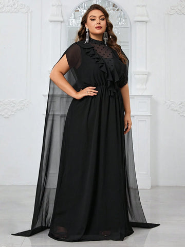 Giffniseti Plus Size Women'S Ruffle Hem & Cape Decoration Evening Gown Dress