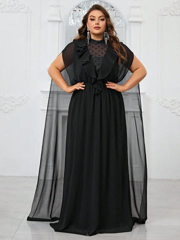 Giffniseti Plus Size Women'S Ruffle Hem & Cape Decoration Evening Gown Dress