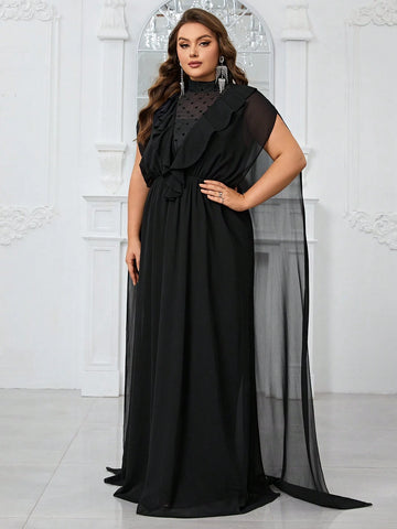 Giffniseti Plus Size Women'S Ruffle Hem & Cape Decoration Evening Gown Dress