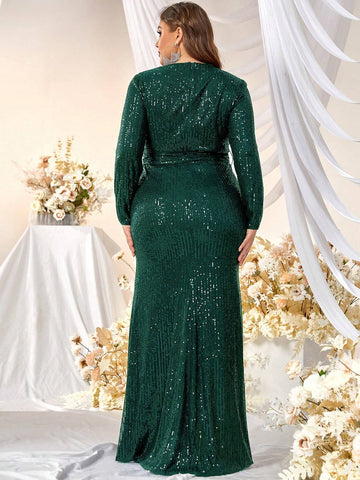 Giffniseti Plus Size Women's Glitter Long Sleeve High Slit Fish Tail Evening Dress