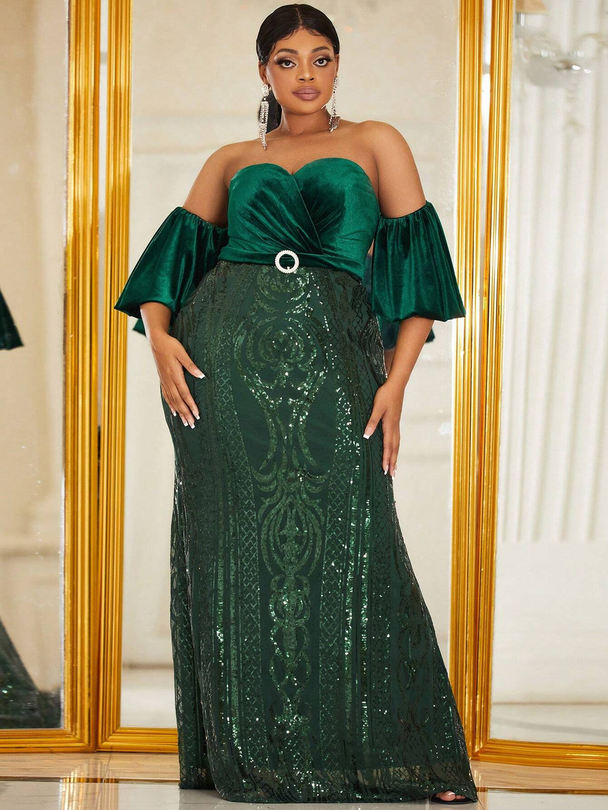 Giffniseti Plus Size Women's Velvet & Sequin Patchwork Off Shoulder Mermaid Evening Gown