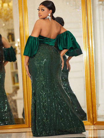 Giffniseti Plus Size Women's Velvet & Sequin Patchwork Off Shoulder Mermaid Evening Gown