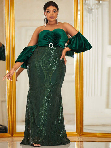 Giffniseti Plus Size Women's Velvet & Sequin Patchwork Off Shoulder Mermaid Evening Gown