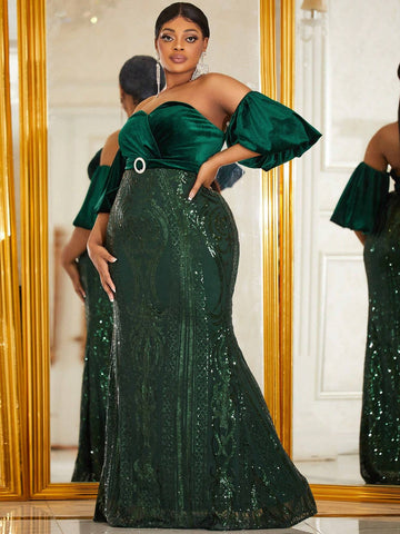 Giffniseti Plus Size Women's Velvet & Sequin Patchwork Off Shoulder Mermaid Evening Gown
