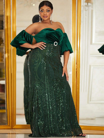 Giffniseti Plus Size Women's Velvet & Sequin Patchwork Off Shoulder Mermaid Evening Gown