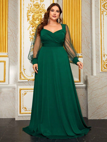 Giffniseti Plus Sweetheart Neck Mesh Panel Ruched Formal Dress