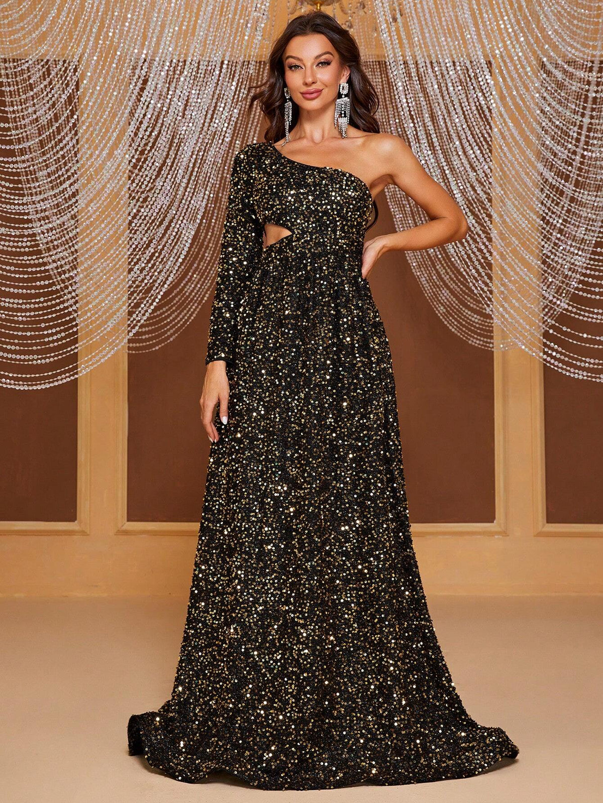 Giffniseti Sequin One Shoulder Sleeve Cut Out Side Waist Party Dress