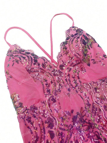 Giffniseti Sexy Double Slit Sequin Halter Floral Dress For Formal Occasions