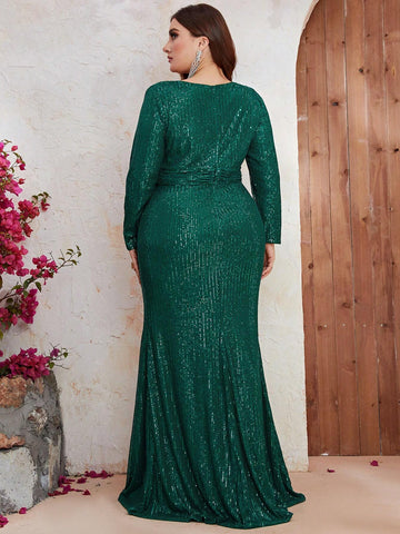 Giffniseti Sparkly V-Neck Long Sleeve Split Mermaid Evening Dress Plus Size Women's Maxi Dress