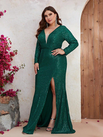 Giffniseti Sparkly V-Neck Long Sleeve Split Mermaid Evening Dress Plus Size Women's Maxi Dress