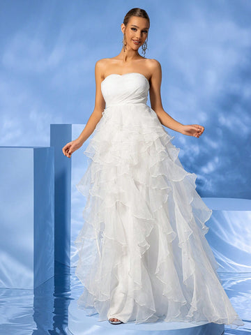 Giffniseti Strapless Sleeveless Multi-Layered Irregular Mesh Elegant Romantic Wedding Dress