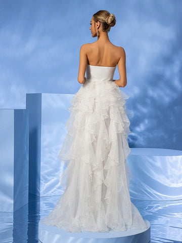 Giffniseti Strapless Sleeveless Multi-Layered Irregular Mesh Elegant Romantic Wedding Dress