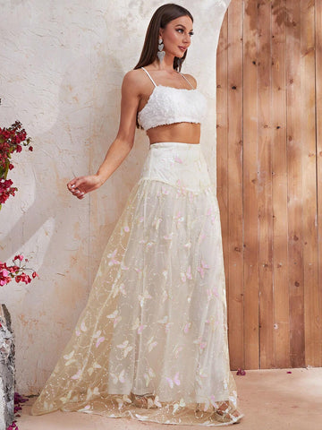 Giffniseti Summer Sleeveless Butterfly Printed Tank Top And Midi Skirt Set