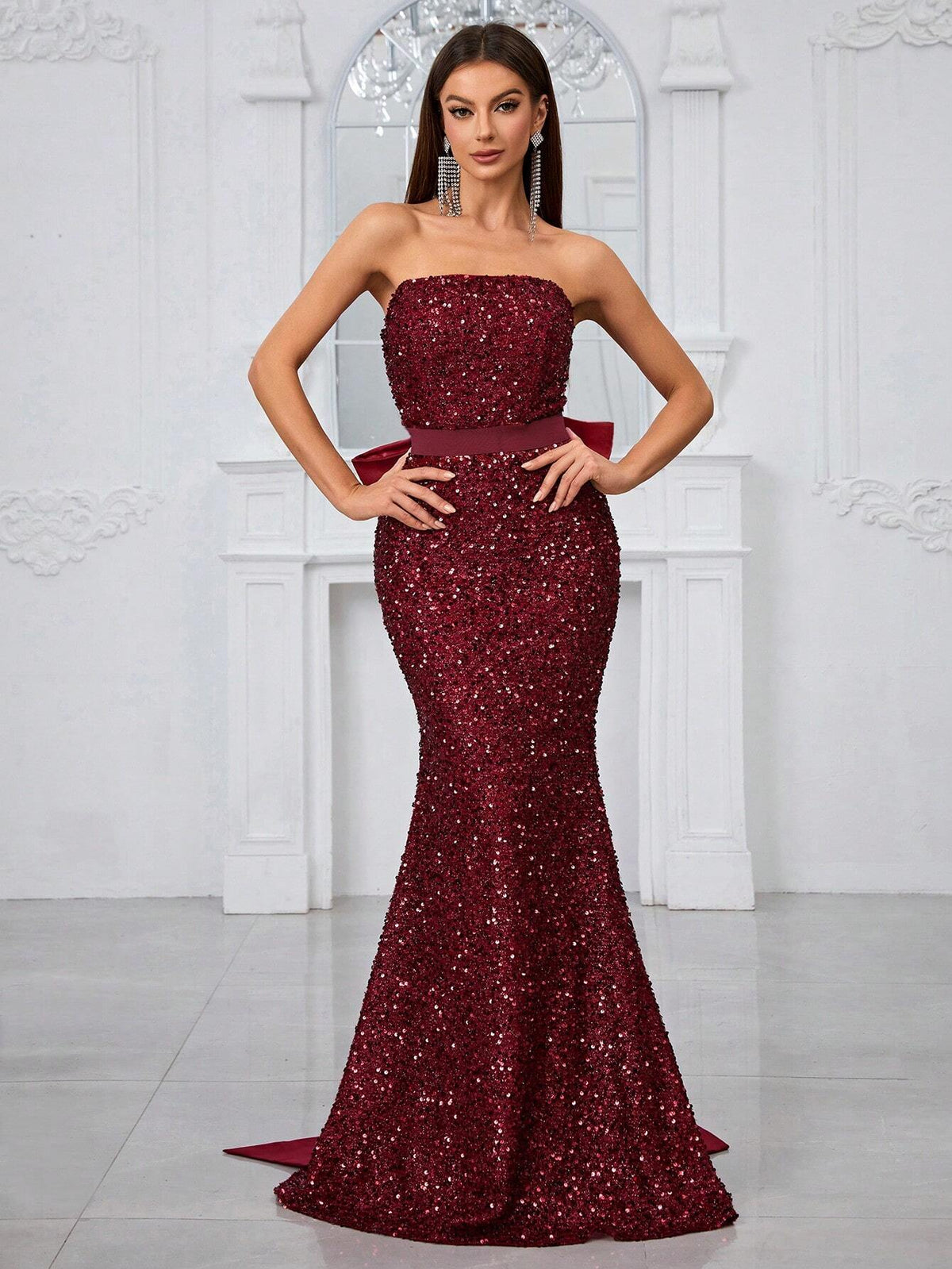 Giffniseti Women'S Evening Dress With Sequin Strapless Bodice, Detachable Oversized Bow, High-End Luxurious Fish Tail Gown, Backless