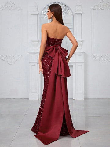 Giffniseti Women'S Evening Dress With Sequin Strapless Bodice, Detachable Oversized Bow, High-End Luxurious Fish Tail Gown, Backless