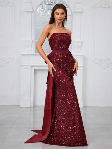 Giffniseti Women'S Evening Dress With Sequin Strapless Bodice, Detachable Oversized Bow, High-End Luxurious Fish Tail Gown, Backless