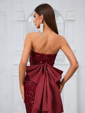 Giffniseti Women'S Evening Dress With Sequin Strapless Bodice, Detachable Oversized Bow, High-End Luxurious Fish Tail Gown, Backless