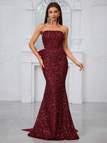 Giffniseti Women'S Evening Dress With Sequin Strapless Bodice, Detachable Oversized Bow, High-End Luxurious Fish Tail Gown, Backless