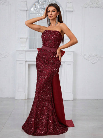 Giffniseti Women'S Evening Dress With Sequin Strapless Bodice, Detachable Oversized Bow, High-End Luxurious Fish Tail Gown, Backless