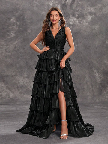 Giffniseti Women'S Evening Party Dress Sleeveless V-Neck Shiny Multi-Layered Cake Maxi Dress