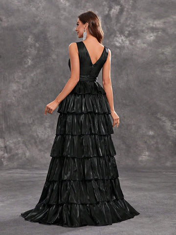 Giffniseti Women'S Evening Party Dress Sleeveless V-Neck Shiny Multi-Layered Cake Maxi Dress