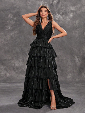 Giffniseti Women'S Evening Party Dress Sleeveless V-Neck Shiny Multi-Layered Cake Maxi Dress