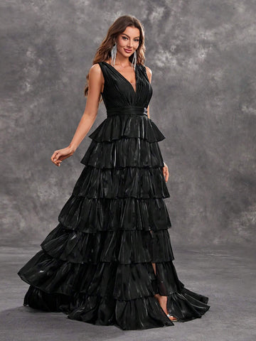 Giffniseti Women'S Evening Party Dress Sleeveless V-Neck Shiny Multi-Layered Cake Maxi Dress