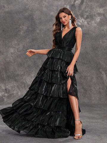 Giffniseti Women'S Evening Party Dress Sleeveless V-Neck Shiny Multi-Layered Cake Maxi Dress