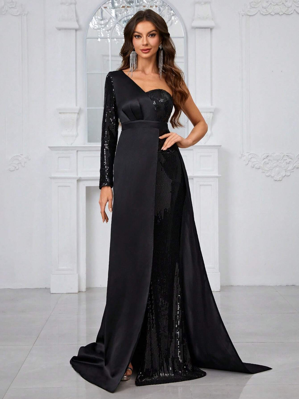 Giffniseti Women'S Evening Party Dress With Sequins, Off-Shoulder, Slit, And Chiffon