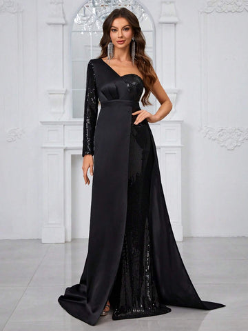 Giffniseti Women'S Evening Party Dress With Sequins, Off-Shoulder, Slit, And Chiffon