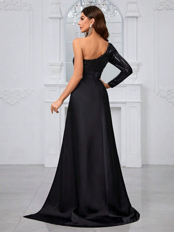 Giffniseti Women'S Evening Party Dress With Sequins, Off-Shoulder, Slit, And Chiffon