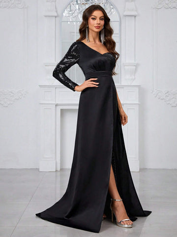 Giffniseti Women'S Evening Party Dress With Sequins, Off-Shoulder, Slit, And Chiffon