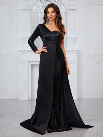 Giffniseti Women'S Evening Party Dress With Sequins, Off-Shoulder, Slit, And Chiffon